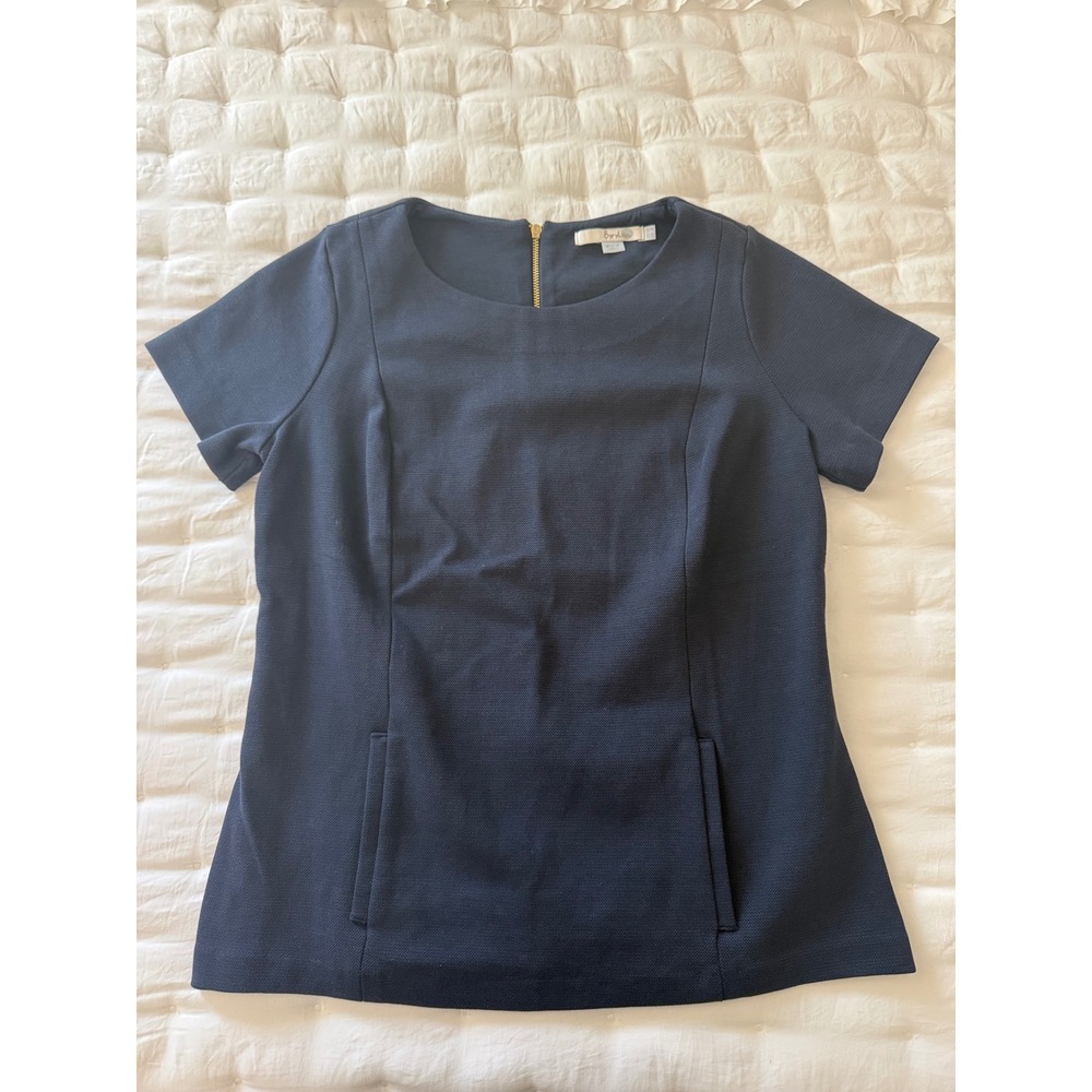 Boden Navy Blue Textured Ottoman Short Sleeve Top Gold Back Zip Size US 8